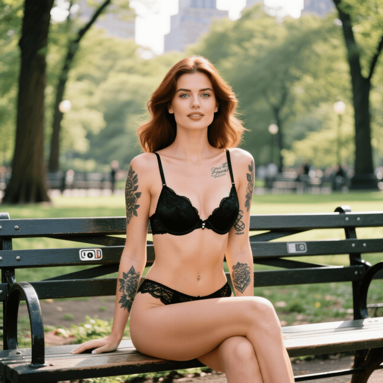 Photorealistic image of a. 25 years old Caucasian woman, slim body type, Fair skin tone, Brown hair, wearing Sexy black lingerie, Beautiful model-like girl with tattoos on her body. Scene: Sitting on a bench in Central Park. Full body shot, professional photography. the characters standing next to each other looking in the camera.
Camera Style: Vintage 90ies Throw away camera
hyperrealistic, full body, detailed clothing, highly detailed, cinematic lighting, stunningly beautiful, intricate, sharp focus, f/1. 8, 85mm, (centered image composition), (professionally color graded), ((bright soft diffused light)), volumetric fog, trending on instagram, trending on tumblr, HDR 4K, 8K